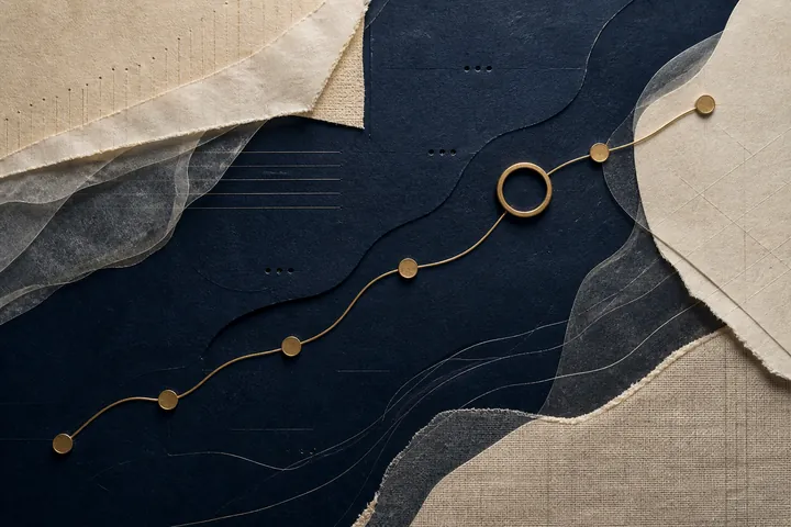 Layered navy and cream paper with a brass route and one emphasized gate.